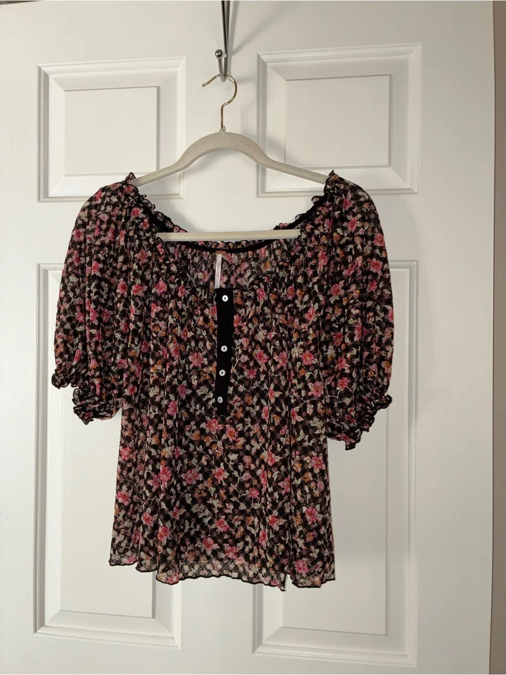 Free People Astra Peasant Top Black Pink Floral Puff Sleeve Sz S